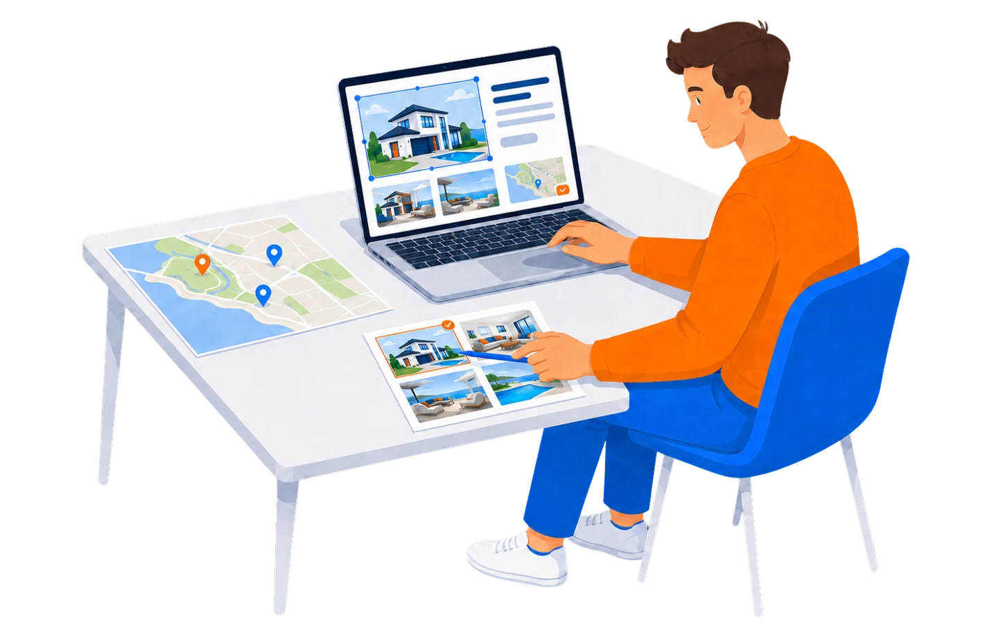 A RealtiRise specialist at a desk building a listing — a community map, a property photo selection, and a laptop showing the listing page