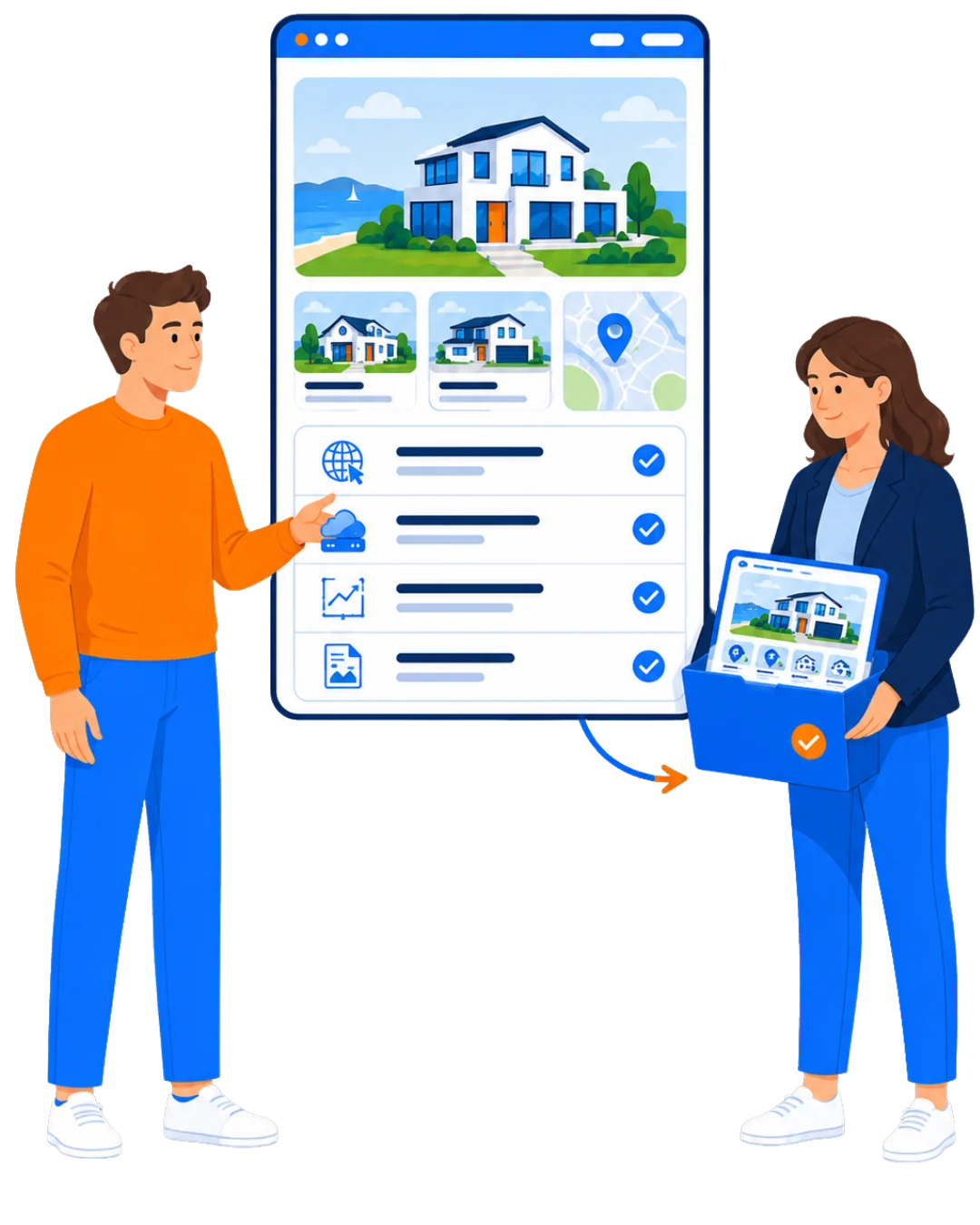 A RealtiRise specialist handing a real estate client a complete, owned website — listings, search, analytics, and content set up and checked off