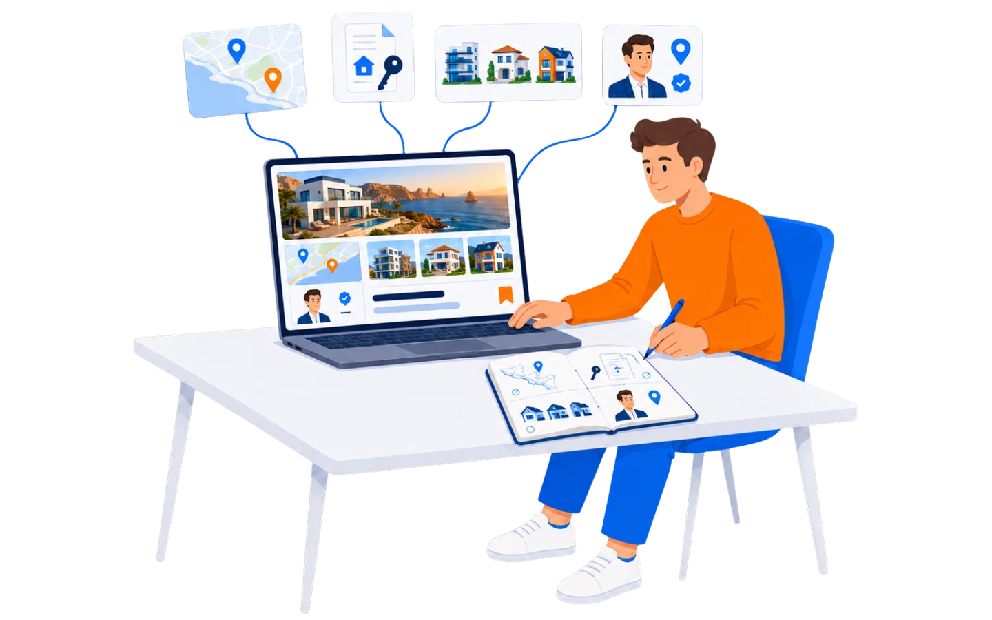 An international buyer at a desk comparing Los Cabos communities, property types, ownership documents, and a verified agent while taking research notes
