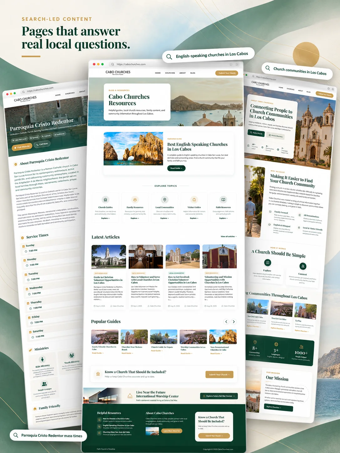 Cabo Churches content pages — resources, guides, church profiles, and articles that answer local search