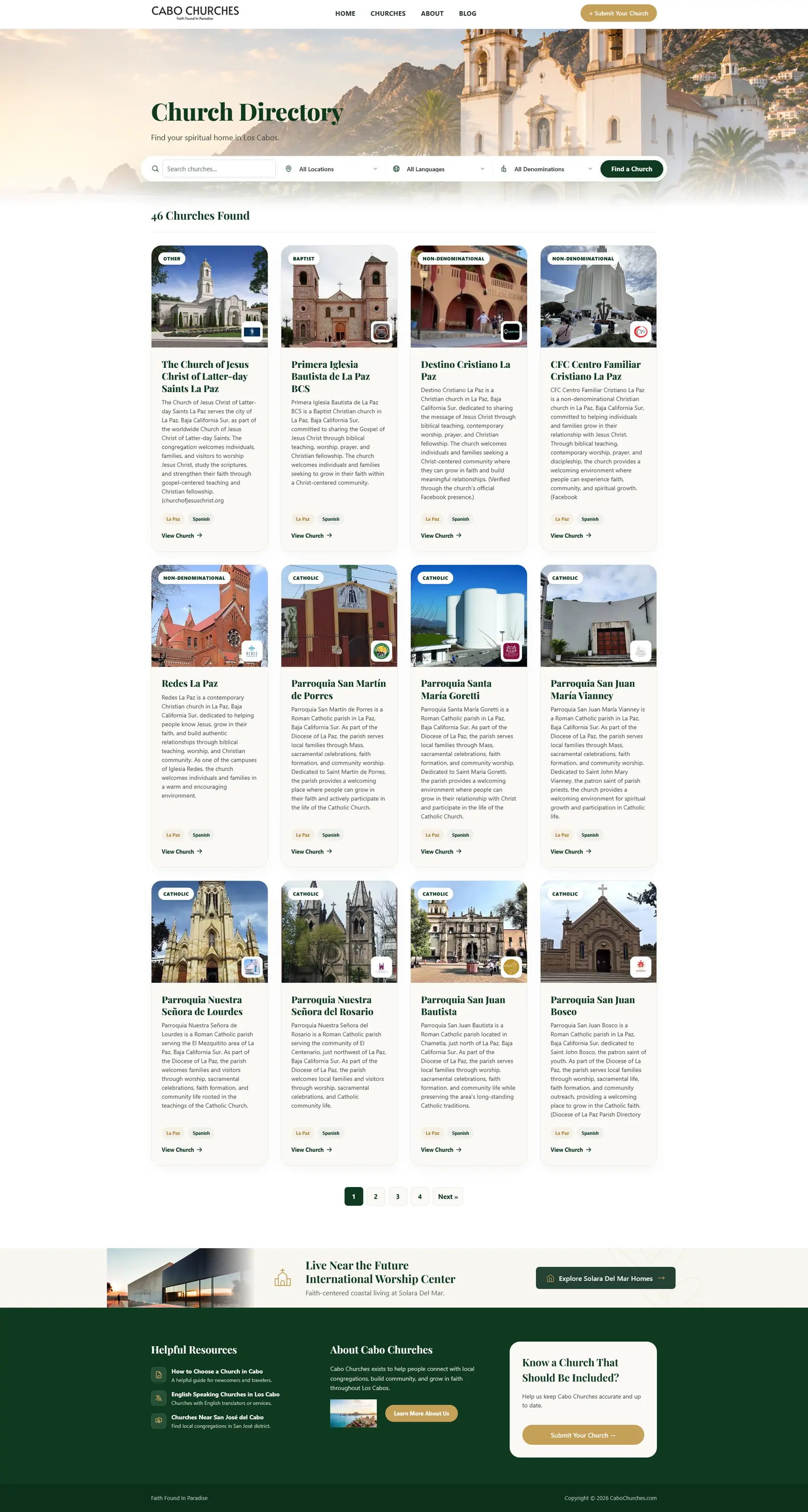 Cabo Churches website homepage