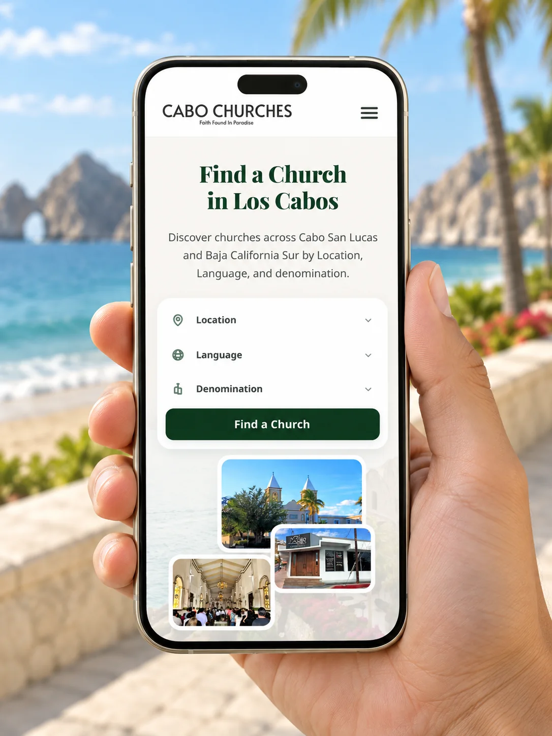 Cabo Churches on a phone — the church directory with location, language, and denomination search