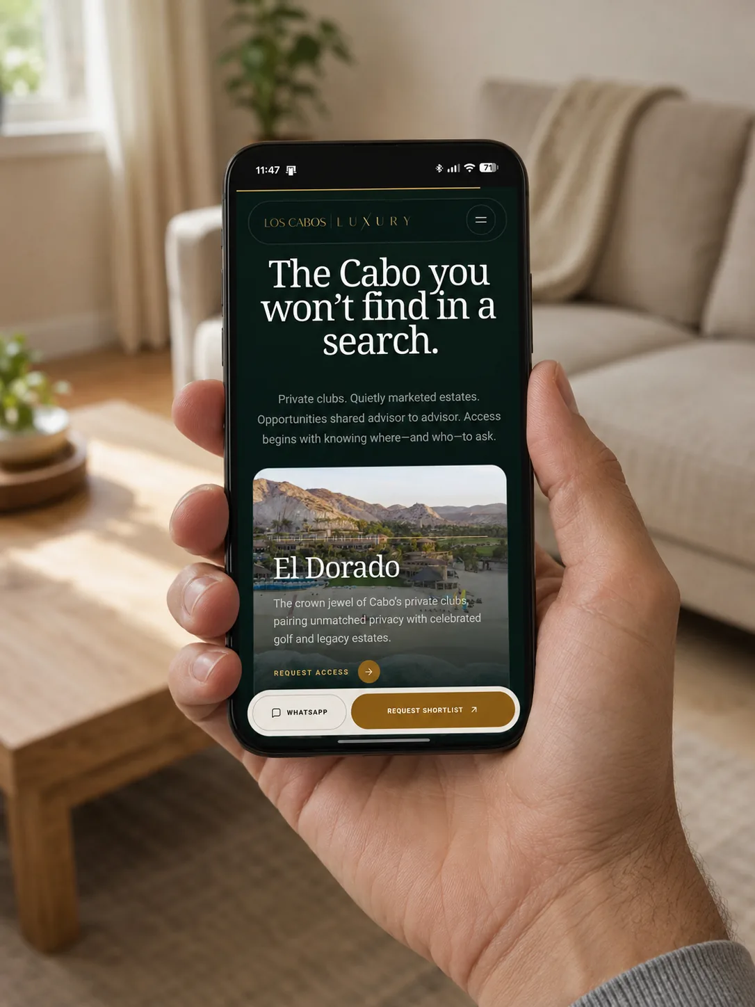 Luxury Los Cabos on a phone — the mobile experience most buyers actually use