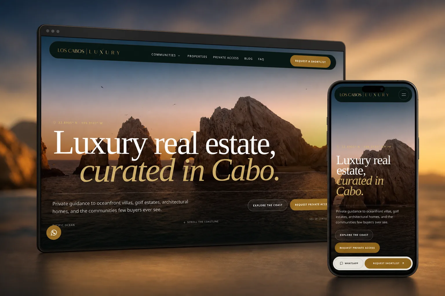 Luxury Los Cabos real estate website homepage