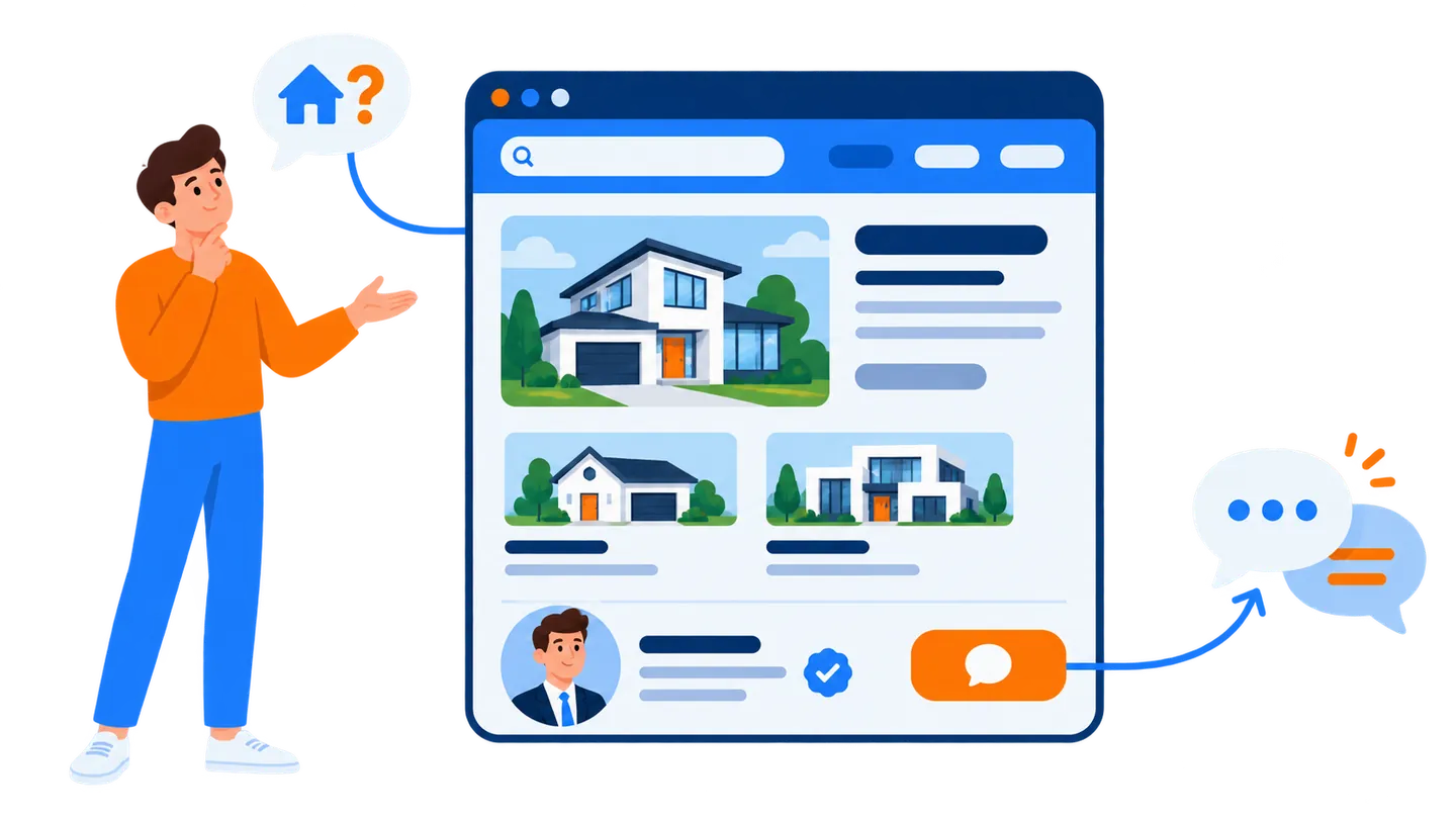 A buyer arrives with a question, finds a focused real estate website with listings and a verified agent, and starts a conversation