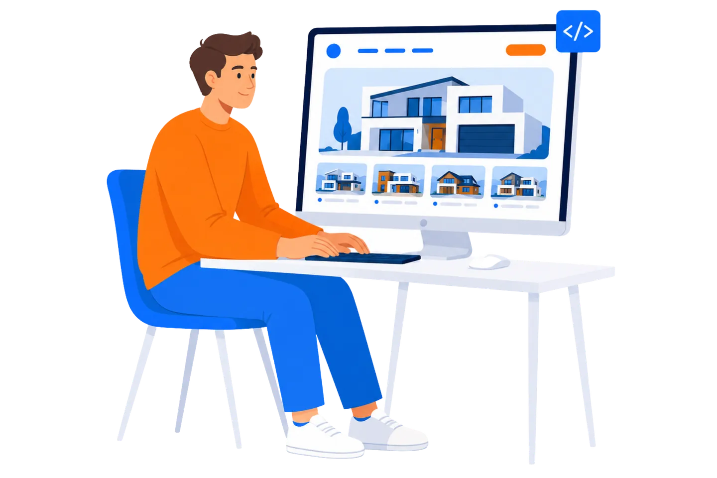 Illustration of a real estate website being designed and built across devices