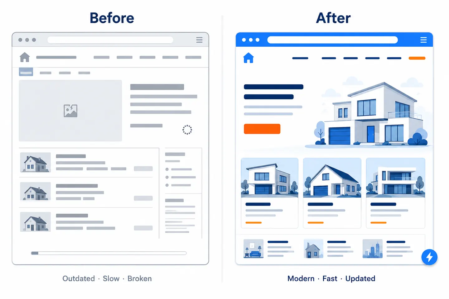 Before and after: a dated real estate website rebuilt into a clean modern one