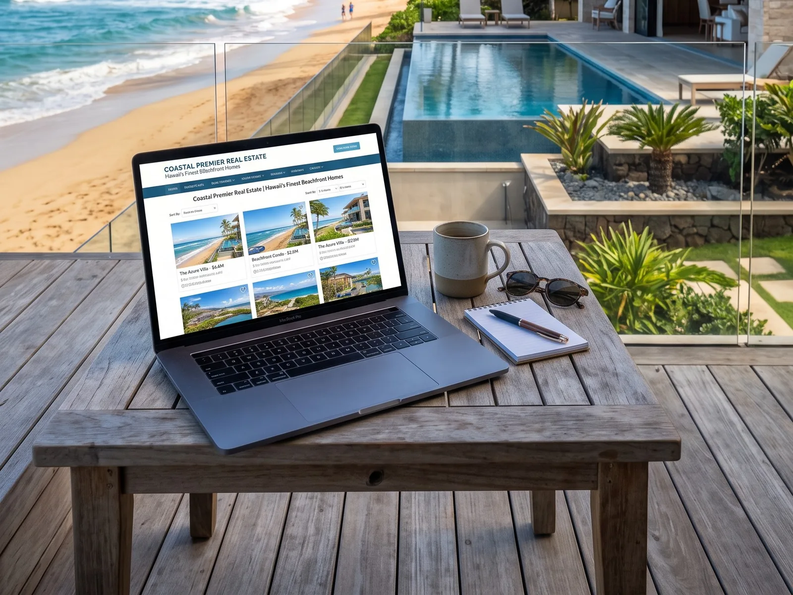 A real estate website open on a laptop on a beachfront deck, overlooking the ocean and a pool