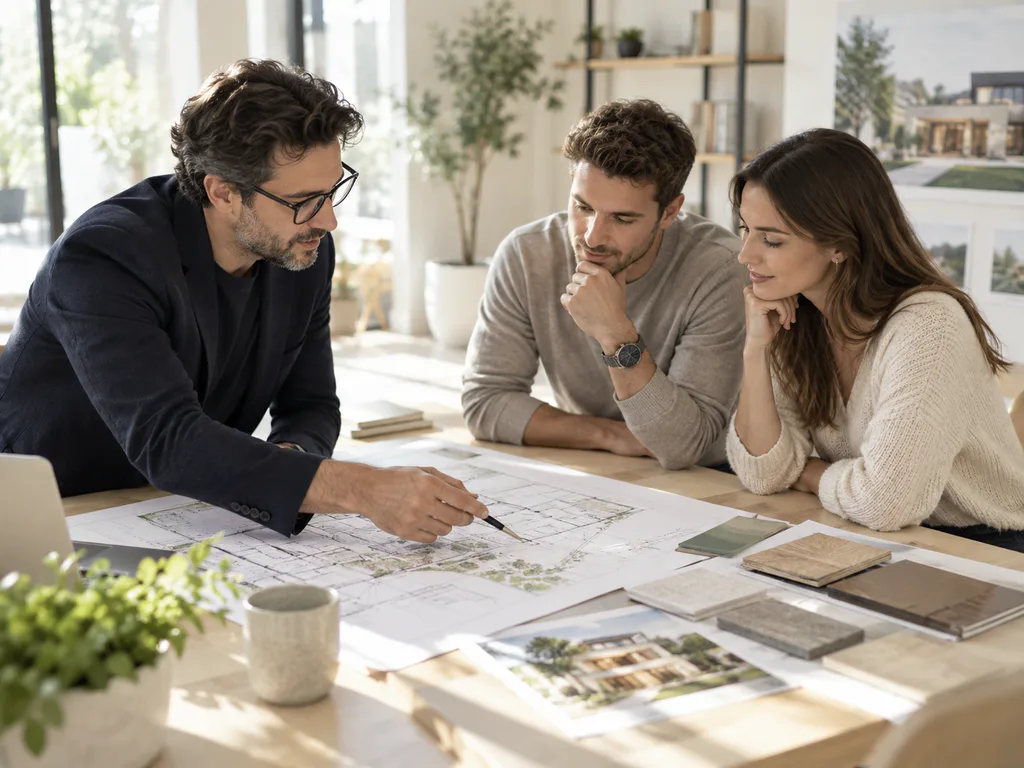 Adviser and buyers reviewing an architectural floor plan