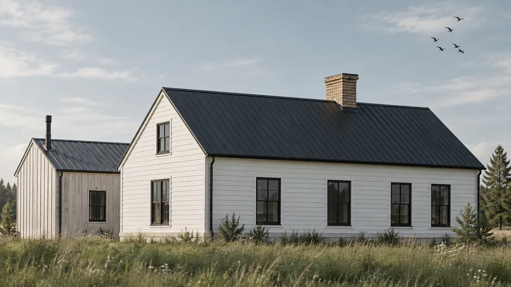 White farmhouse surrounded by tall meadow grass beneath a calm sky