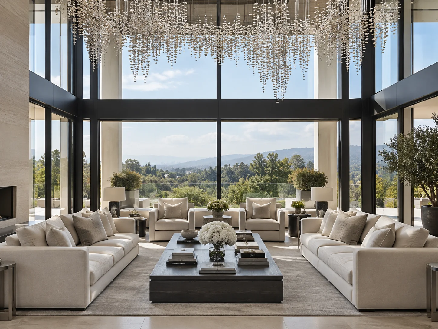 Double-height living room with neutral furnishings and broad landscape views
