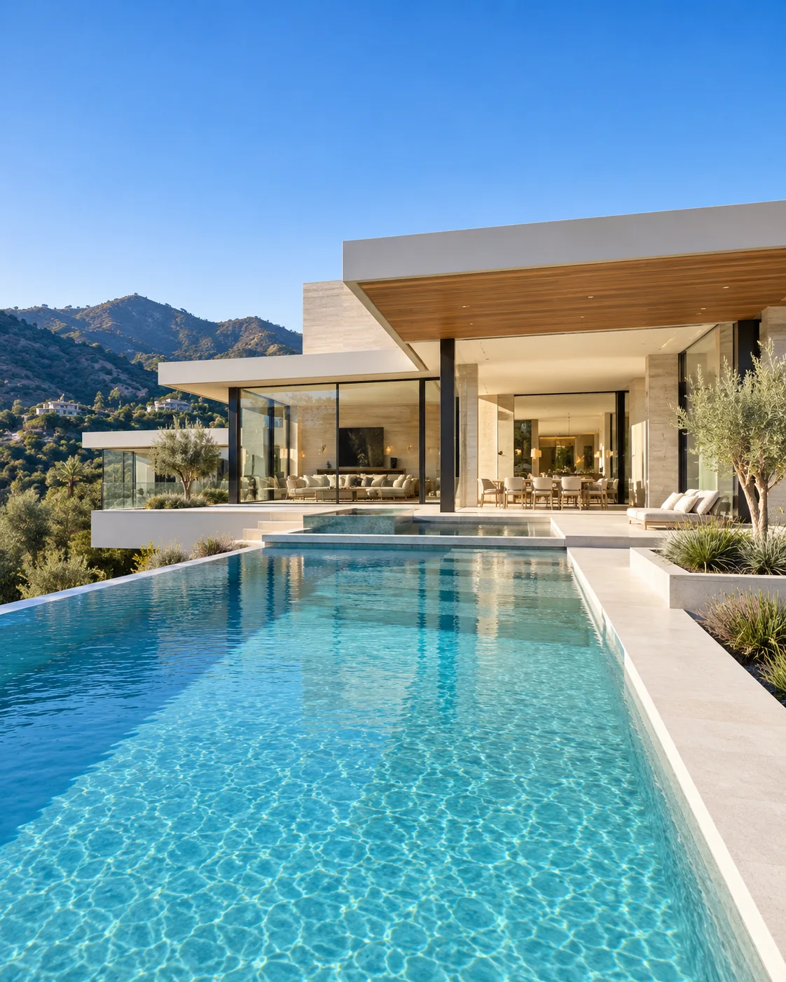 Long infinity pool leading toward a modern hillside home