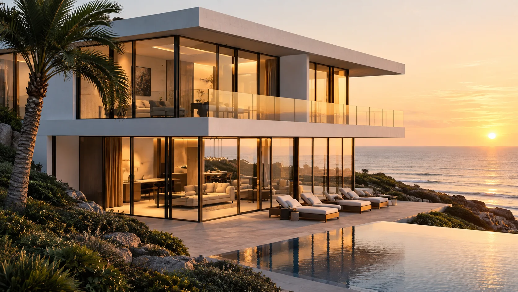 Contemporary coastal house with glass walls and an infinity pool at sunset