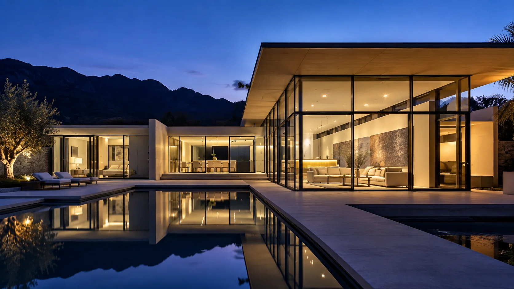 Contemporary glass villa illuminated at dusk beside a reflecting pool