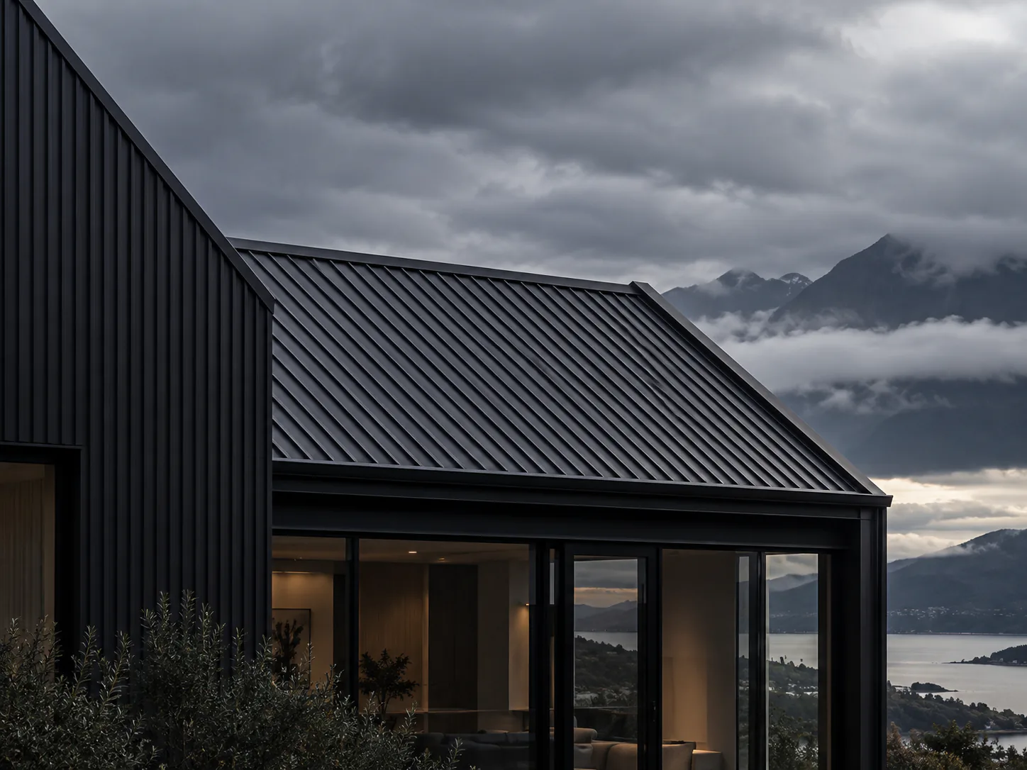 Black architectural residence overlooking a mountain lake