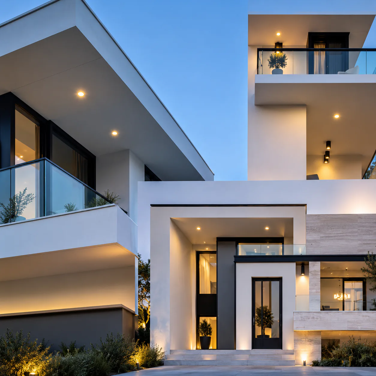 Contemporary white residence with balconies at blue hour