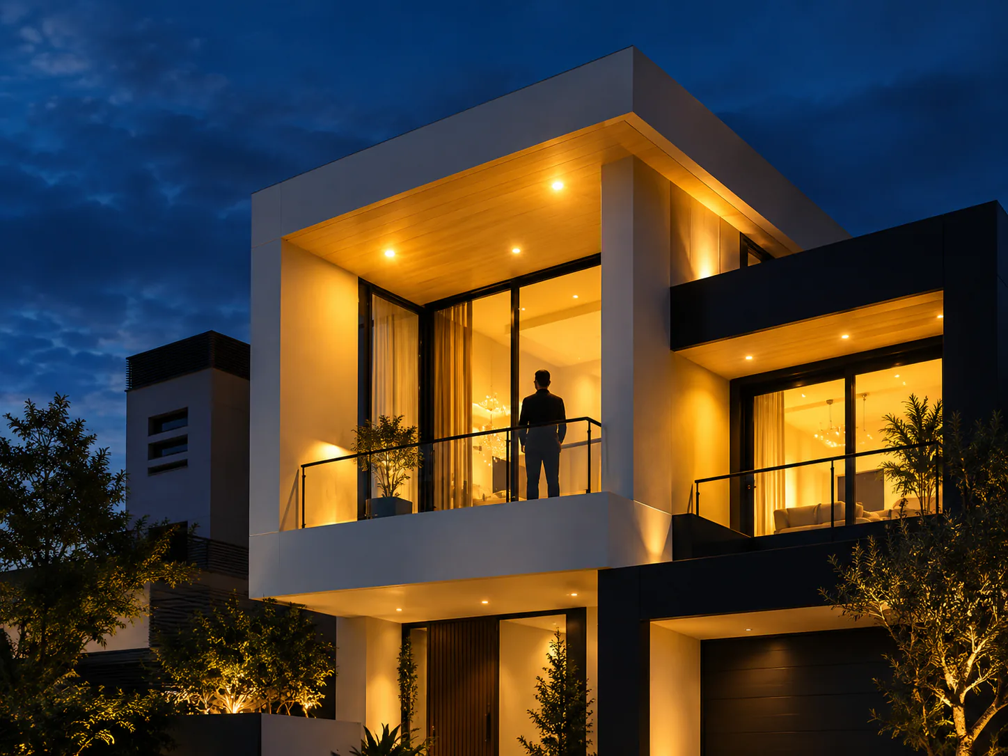 Modern illuminated residence at night