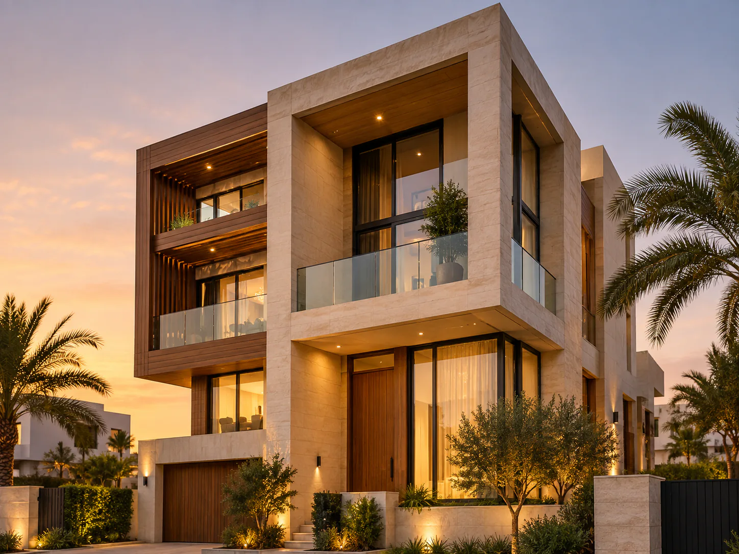 Warm stone luxury residence at golden hour
