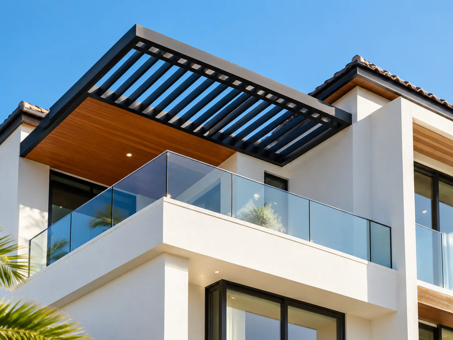 Bright modern residence with a black pergola
